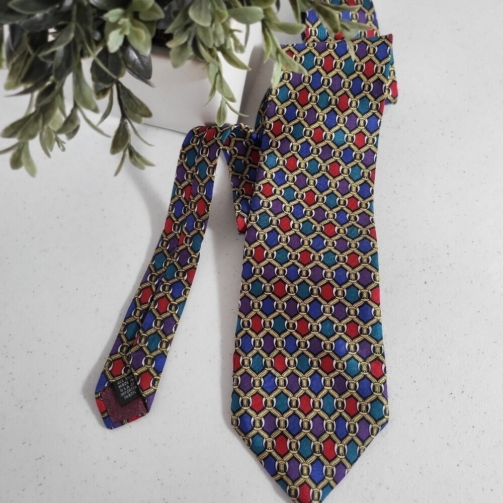 Vintage Christian Dior All‎ Silk Necktie Geometric Print Made in USA